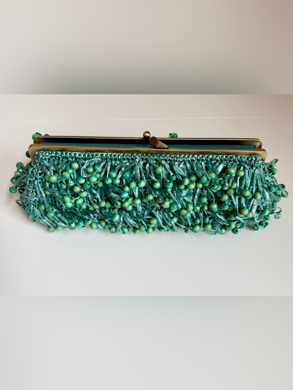Trina Turk EUC Teal Raffia Beaded Frame Clutch Matching Mirror